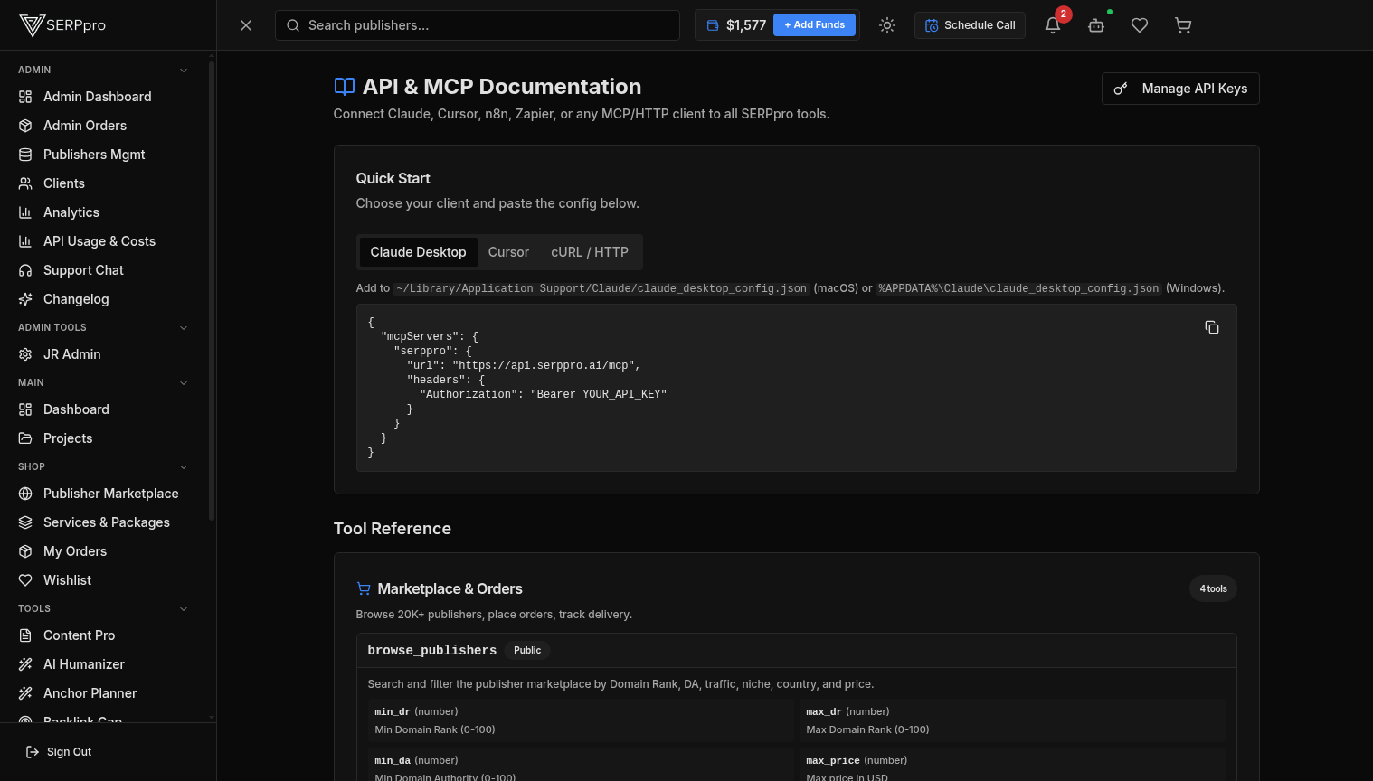 Panel API de SERPpro con gestión de claves y documentación de endpoints