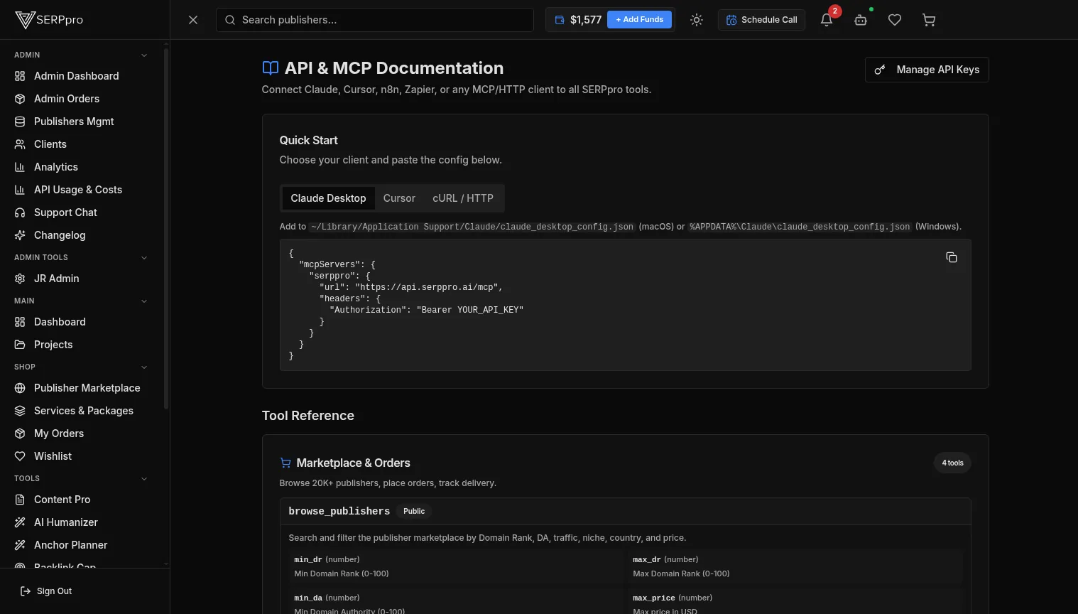 SERPpro API dashboard with key management and endpoint documentation