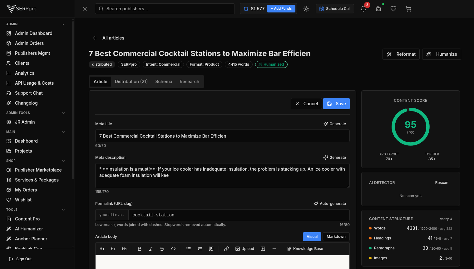 Content editor with 95/100 content score
