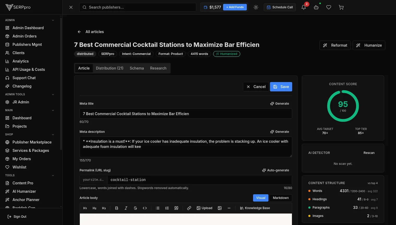 Content editor with 95/100 content score
