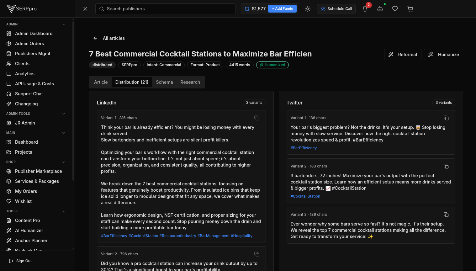Article distribution with 21 social variants