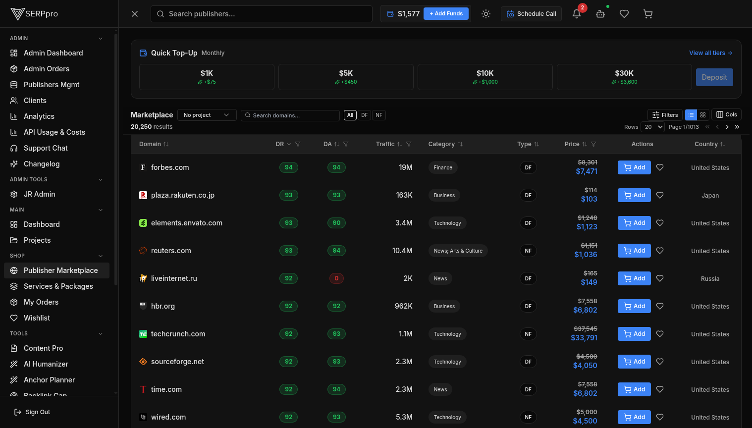 SERPpro Publisher Marketplace with live filters
