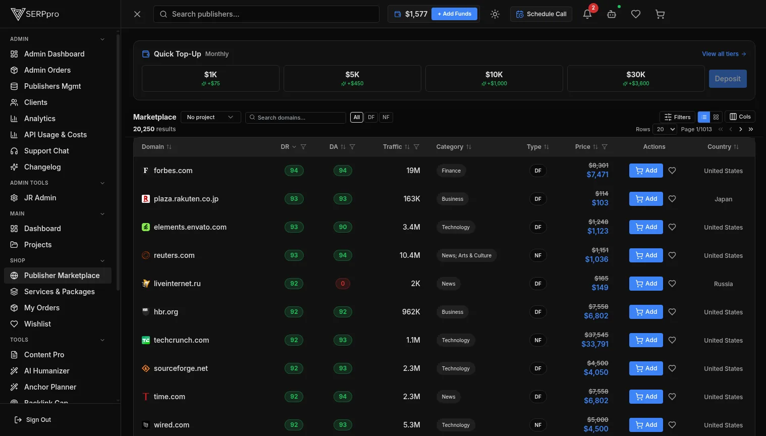 SERPpro Publisher Marketplace with live filters