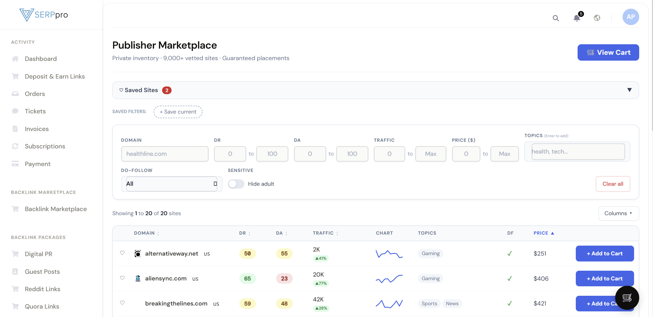 SERPpro Publisher Marketplace — 20,000+ vetted sites with DR, traffic, and pricing filters