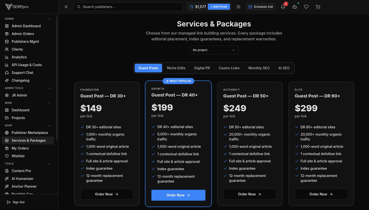 Paquetes de servicios gestionados de SERPpro - Guest Posts, Niche Edits, Digital PR y más