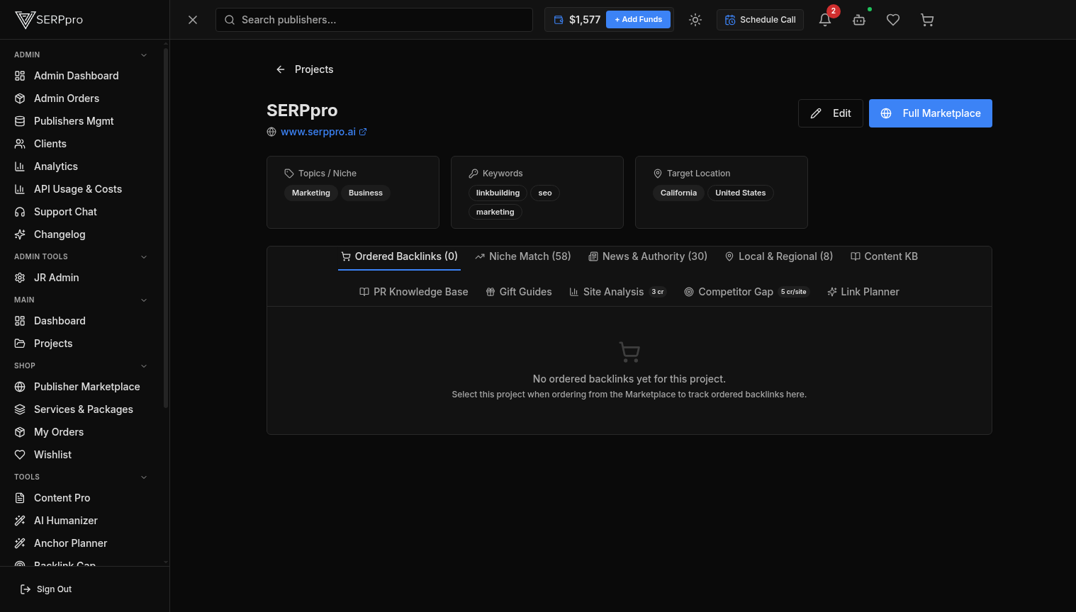 Project detail view with niche match and authority tabs