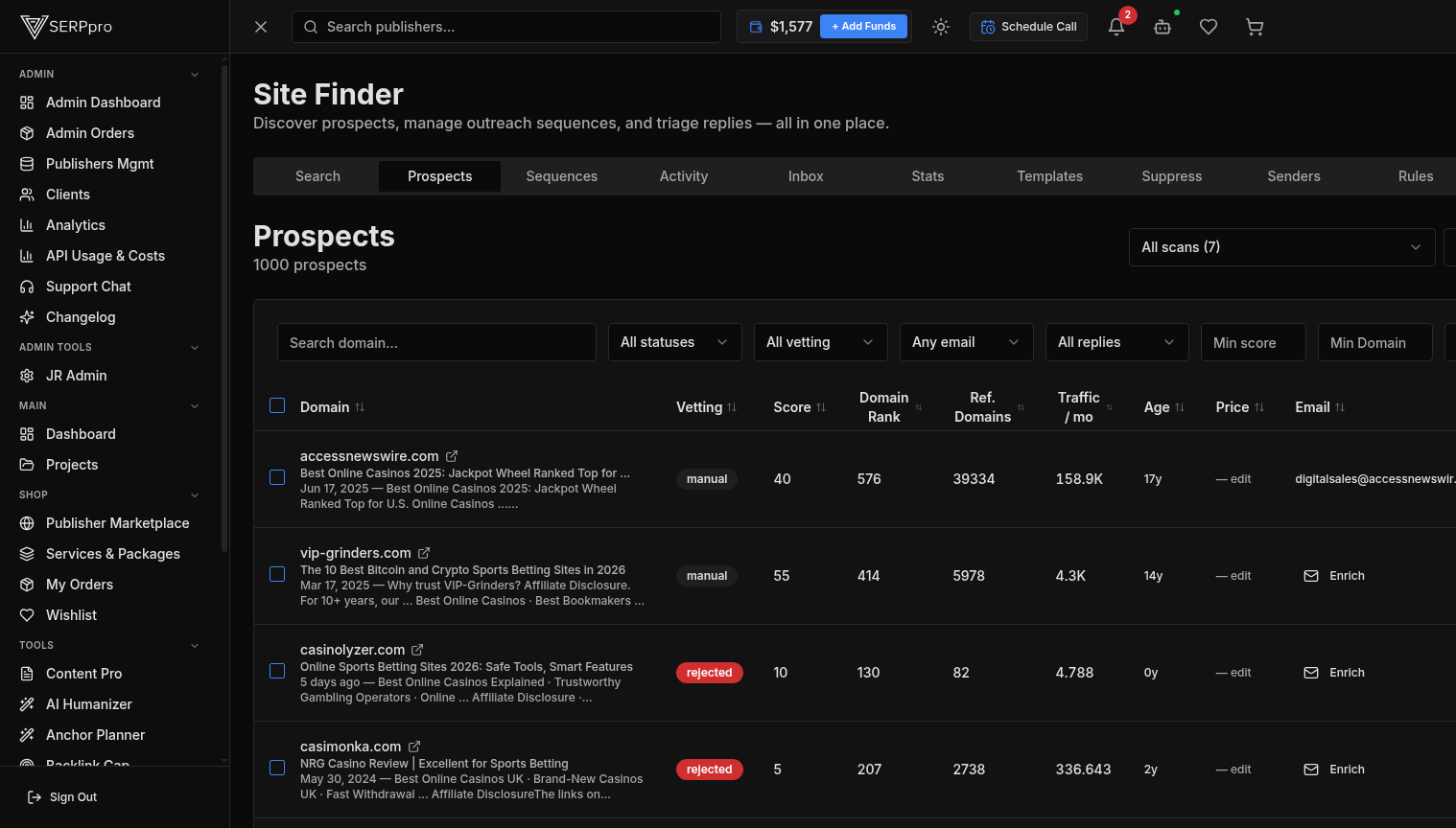 Prospect Finder results table
