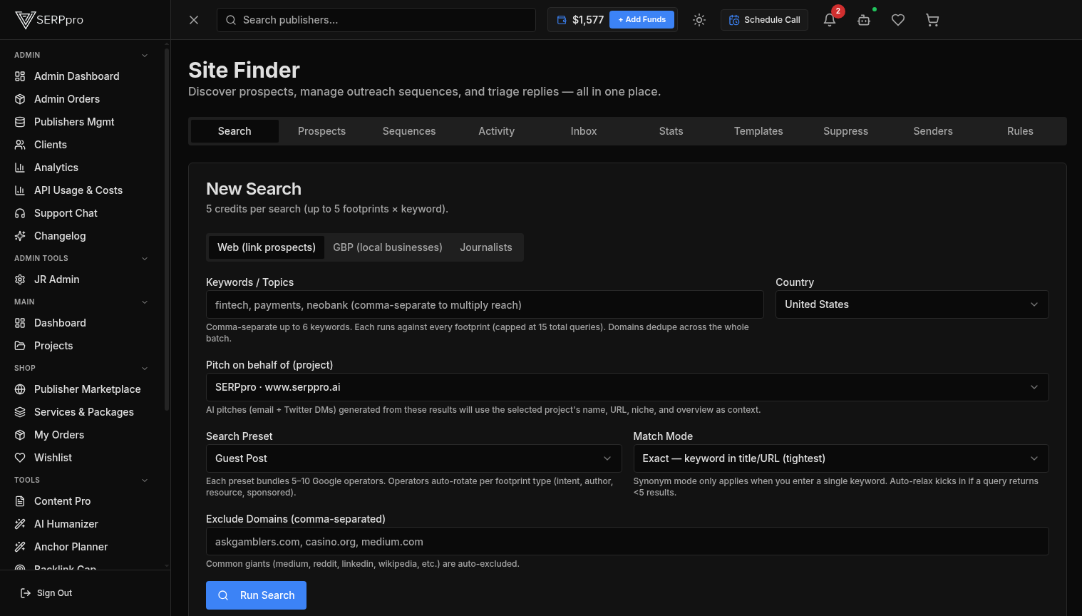 Site Finder prospect search form